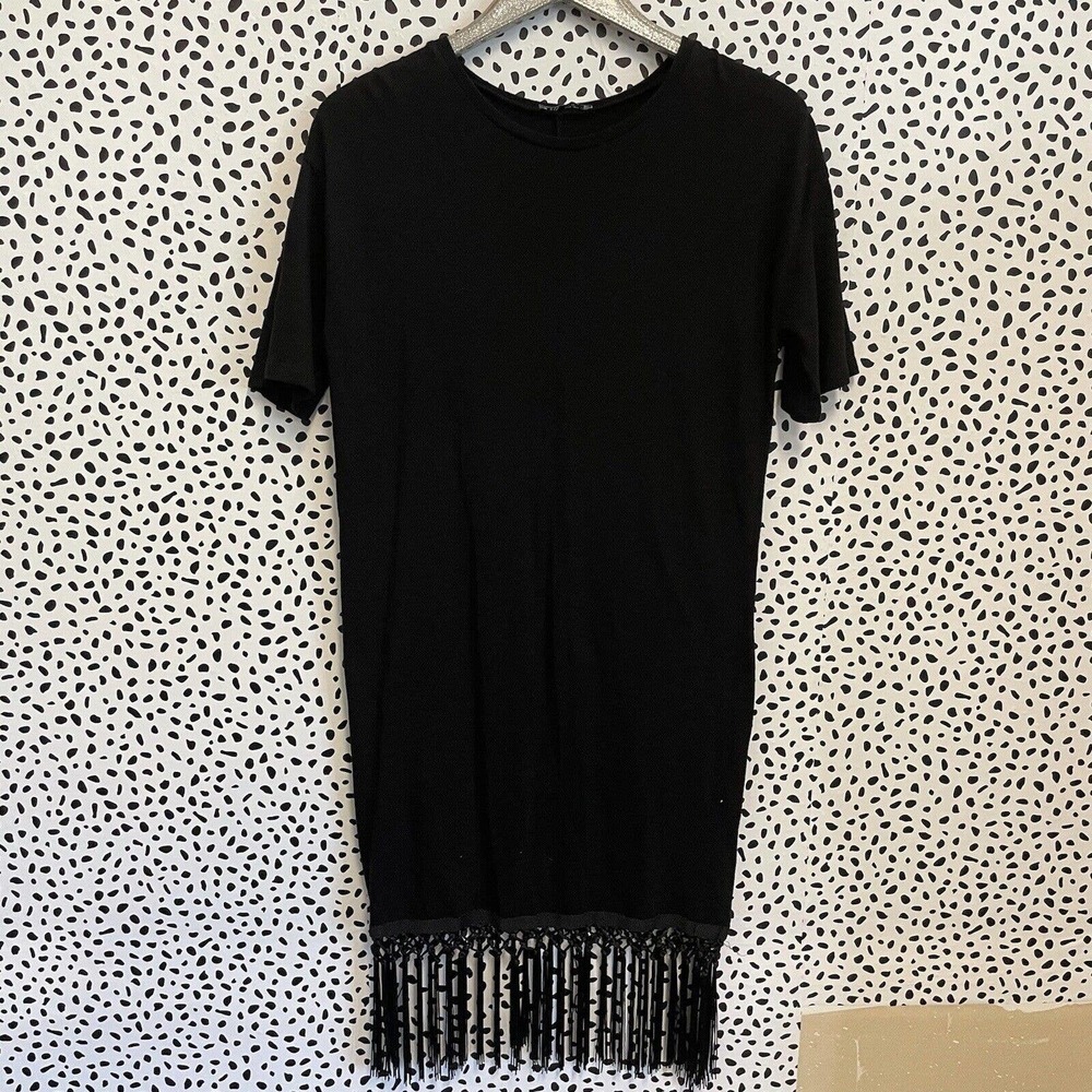 Zara Black Fringe Hem T-Shirt Dress Size Small S